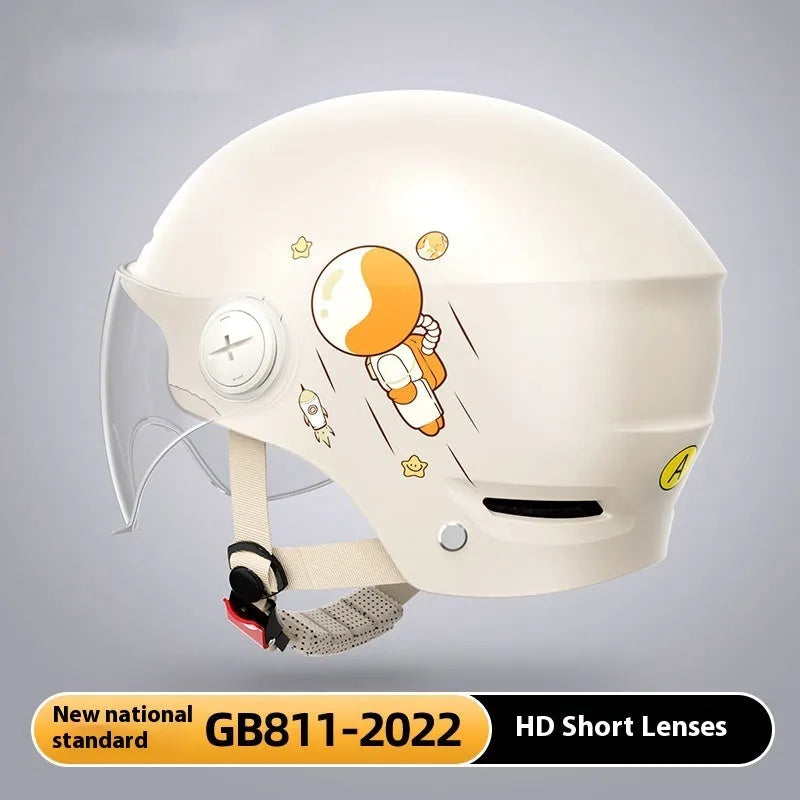 Khaki coloured ABS half helmet for electric motorcycles shown with different lens options.