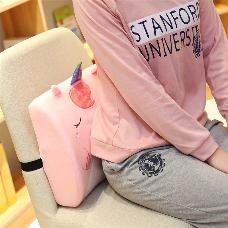 Cartoon-themed car seat cushion with memory foam core and removable cover in various designs like Pink Unicorn and Gray Cat.