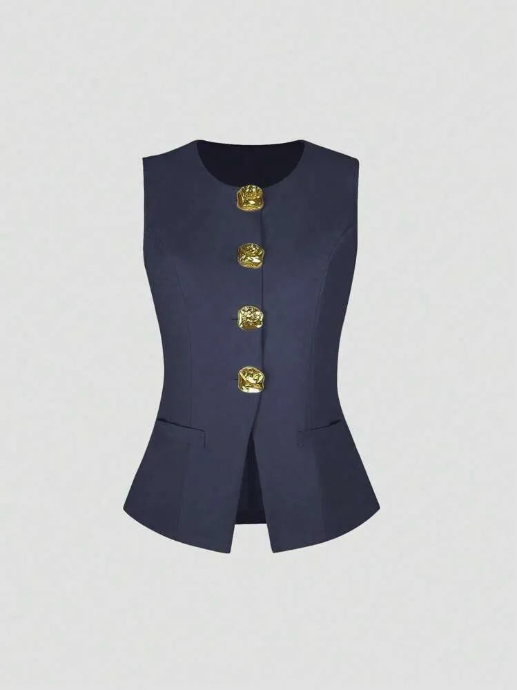 Women's cotton sleeveless vest round neck waist-tight fit solid colour black front view
