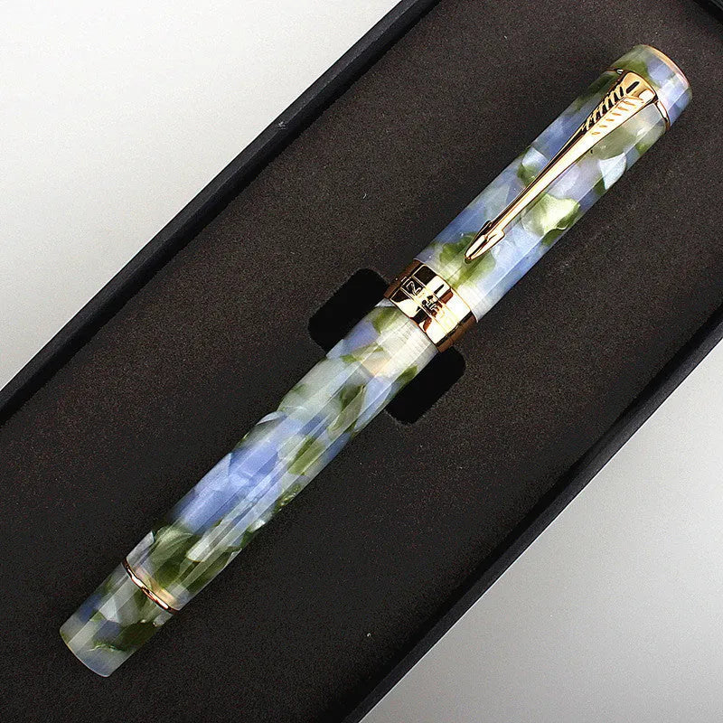 Deep Bath Green metal fountain pen showing fine, medium, and graphic nib options.