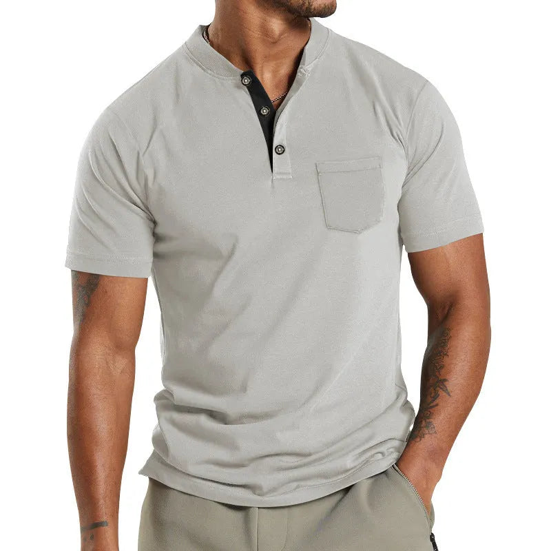 Men's plus size short sleeve button pocket shirt in solid colour polyester fabric.