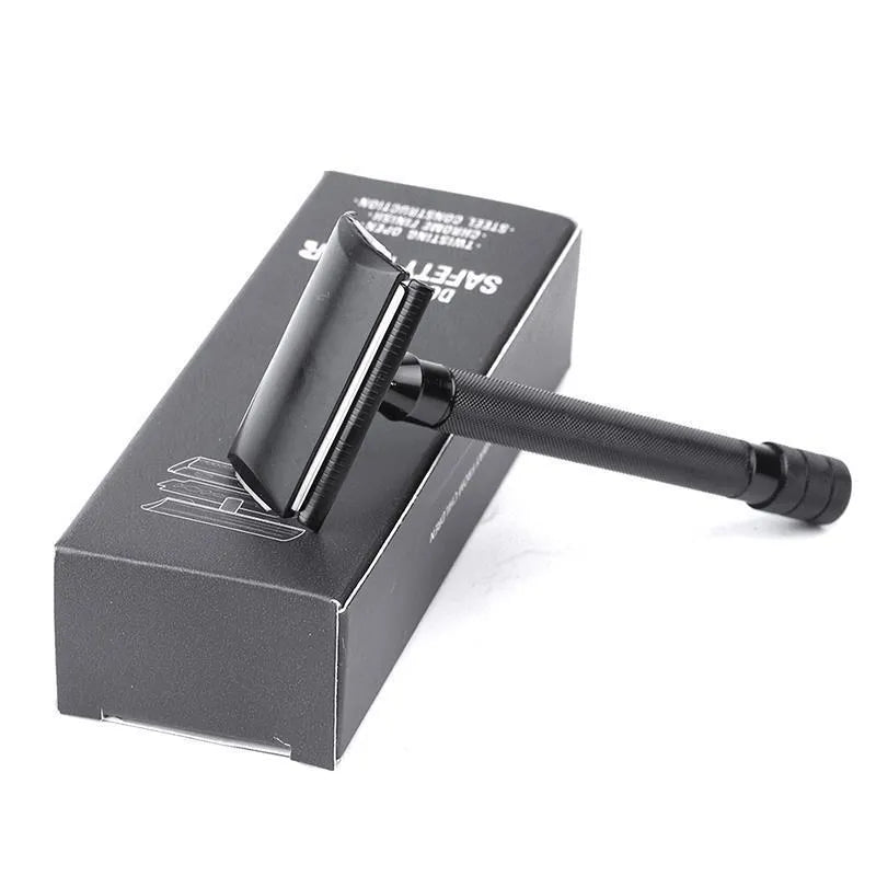 Traditional manual safety razor and shaving brush set in chrome metal finish