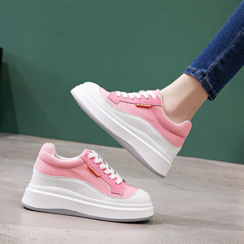 Women's beige and pink cowhide leather board shoes with thick soles for height increase.