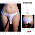 Men's shiny nylon T-back low waist underwear in black, shown on a model.