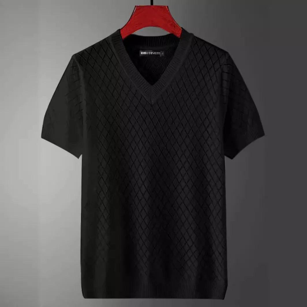 Men's plus size ice silk V-neck t-shirt with Korean style cut-out design in black colour