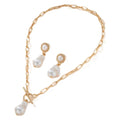 Gold tone retro baroque pearl necklace and matching ear stud set with iron alloy chain