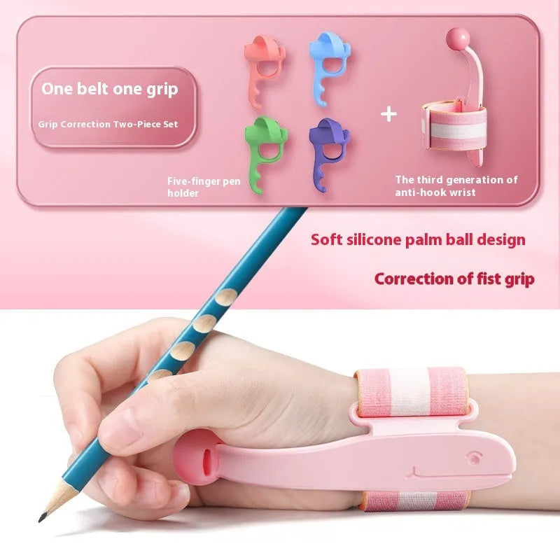 Blue anti-hook wrist brace and pen control corrector for children's writing posture on a table.
