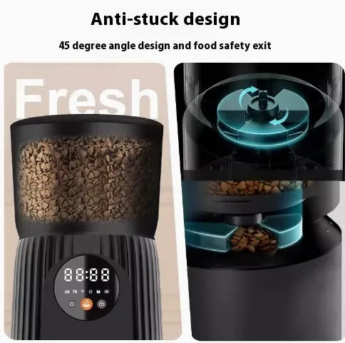 Black and white automatic pet feeder with mobile app remote control and USB power connection
