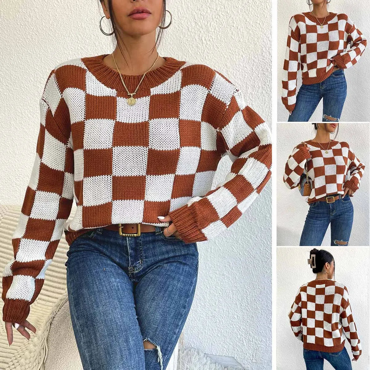 Dark brown plaid pattern acrylic pullover sweater with round neck and long sleeves