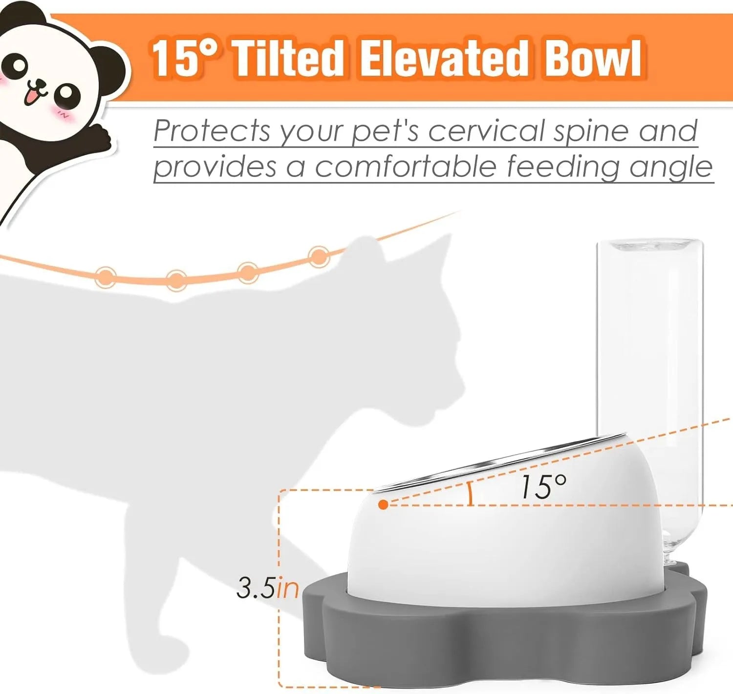 Grey panda-shaped automatic pet water dispenser with tilted stainless steel bowls for cats and small dogs