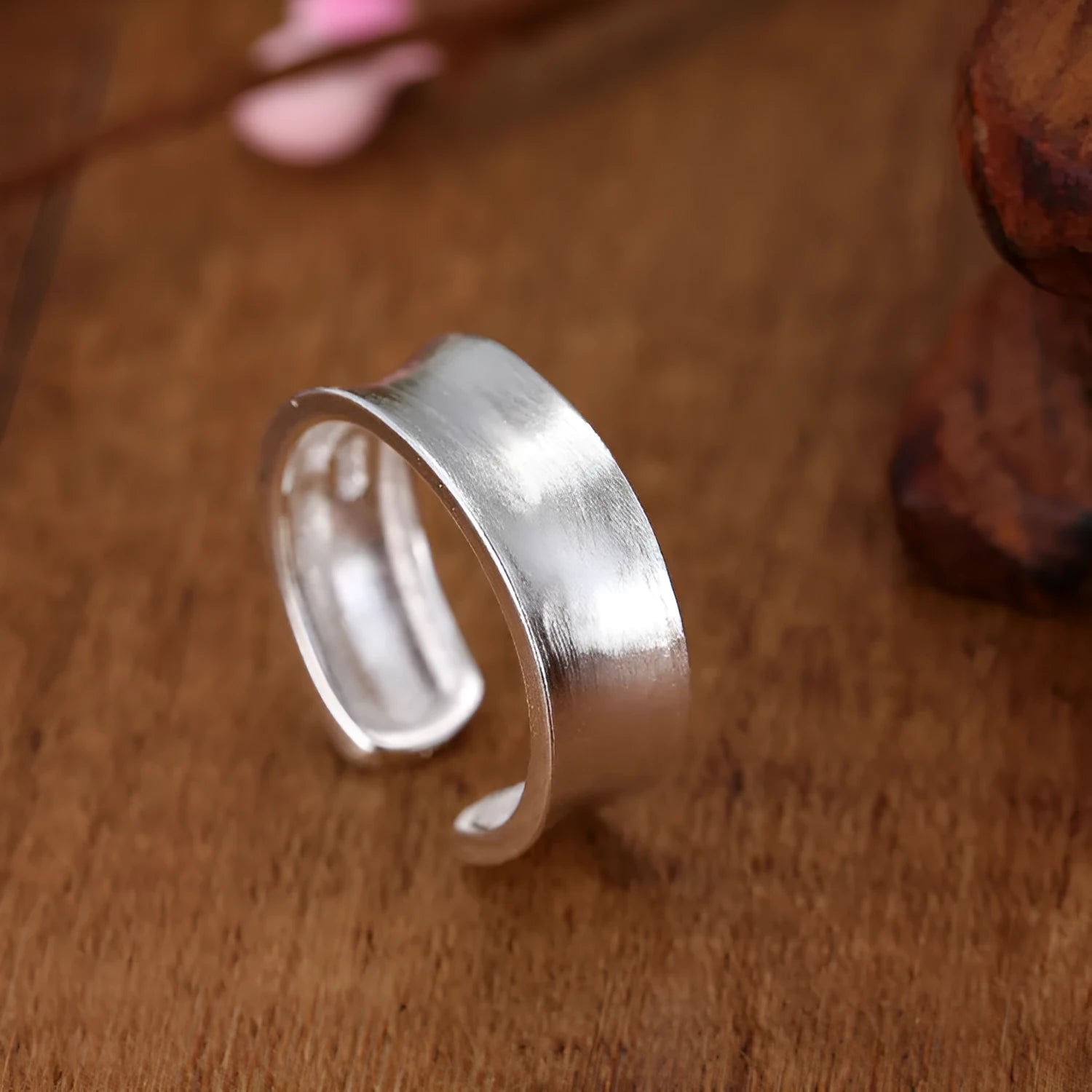 Geometric open sterling silver ring with frosted finish and adjustable opening