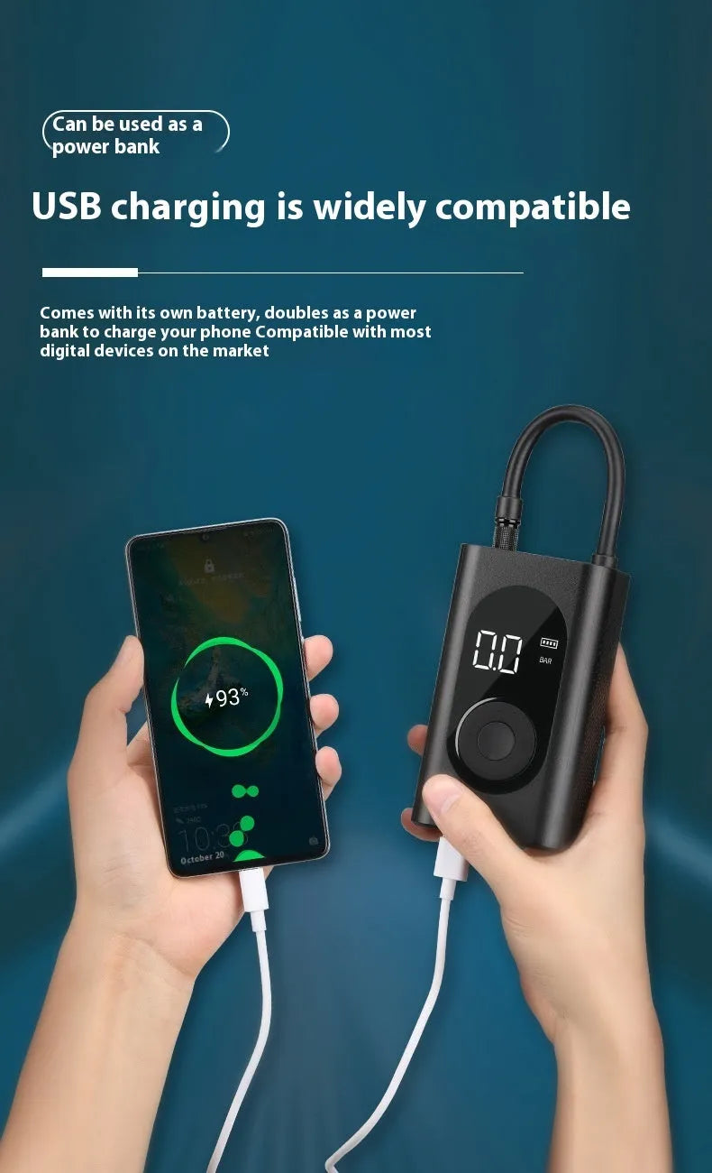 Mini wireless handheld air pump with power bank and flashlight for car and bike tyre inflation