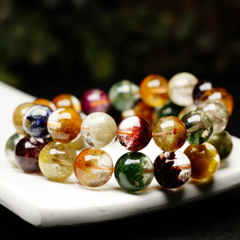 Natural four seasons colourful ghost cornucopia crystal bracelet with 10mm beads in retro ethnic style