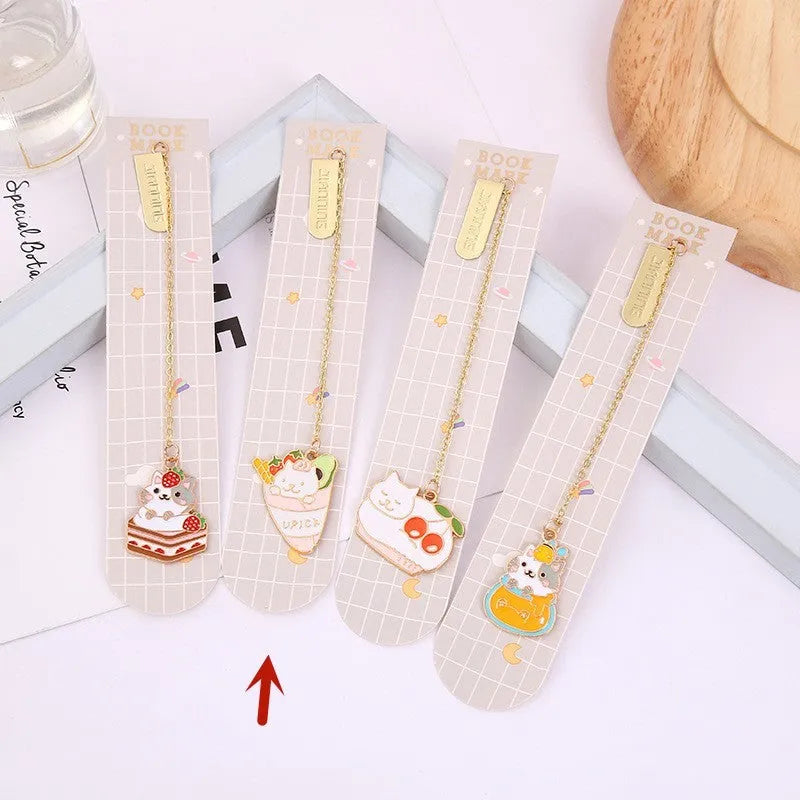 Jane Lime metal bookmark with cartoon cat pendant in four designs measuring 3.8x18.3cm