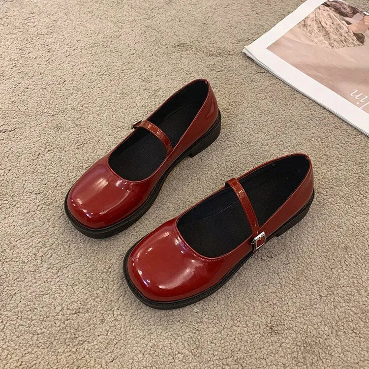 Women's solid colour French vintage PU leather shoes with round toe and flat heel