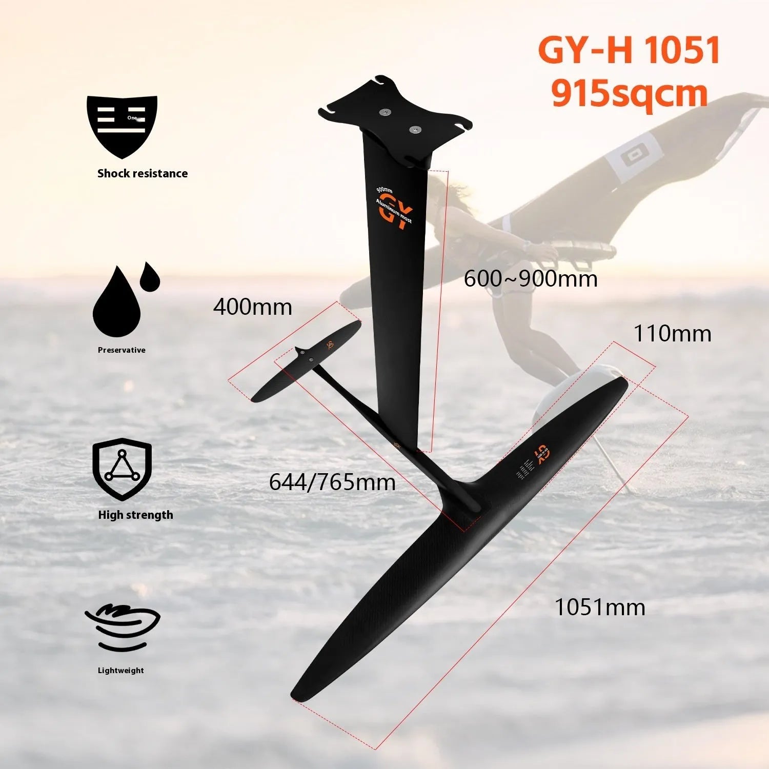 Black carbon fibre and aluminium alloy racing hydrofoil with a large front wing.