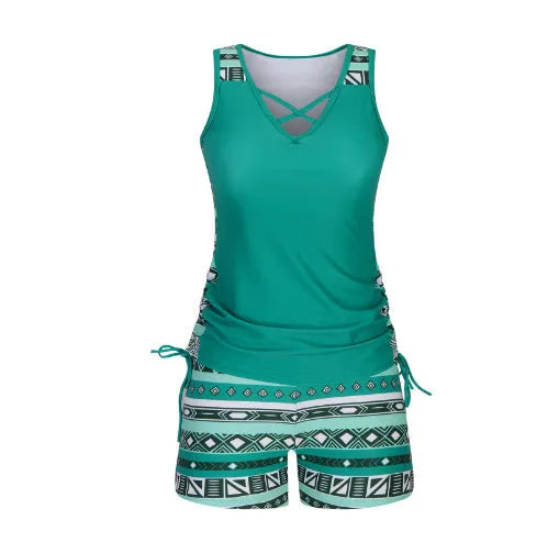 Women's blue printed lace two-piece swimsuit with floral pattern