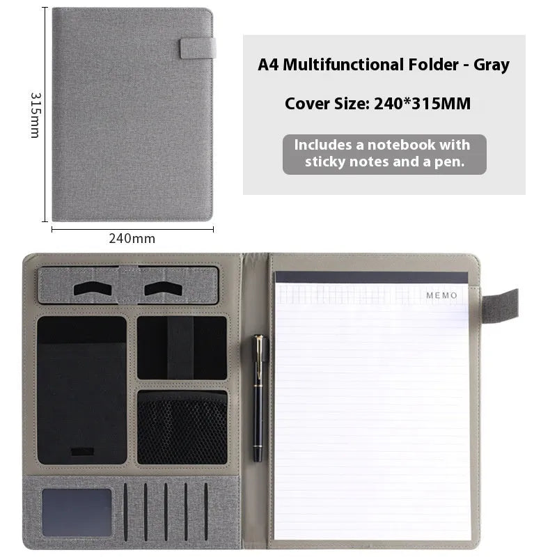 Black leather A4 business folder holding documents, with pen and notepad accessory options.