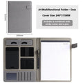 Black leather A4 business folder holding documents, with pen and notepad accessory options.
