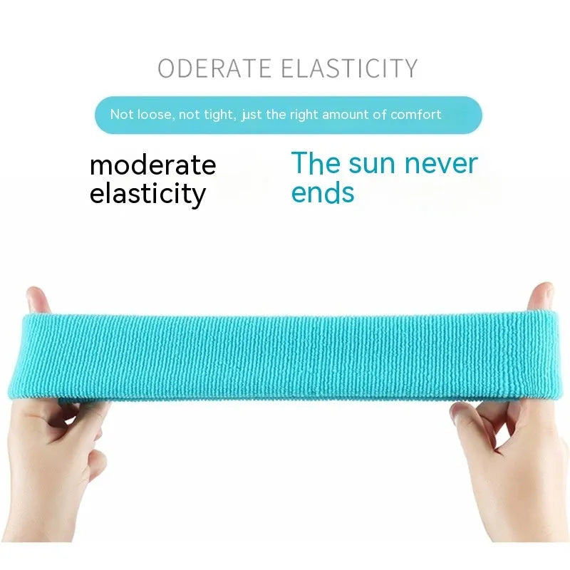 Elastic solid colour sports anti sweat headband shown in blue, red, black, rose red, and sky blue.