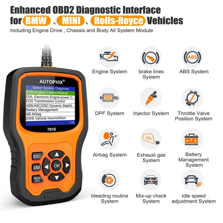 Autophix 7910 OBD2 diagnostic scanner for BMW Mini Rolls Royce vehicles on a workshop bench.