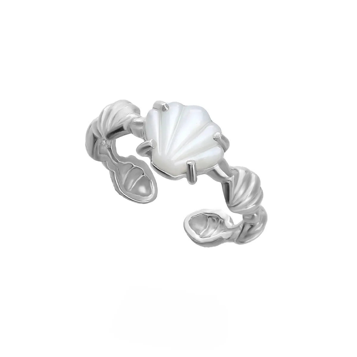 Women's adjustable silver ring with sculpted shell design and tiger eye stone in gold finishes