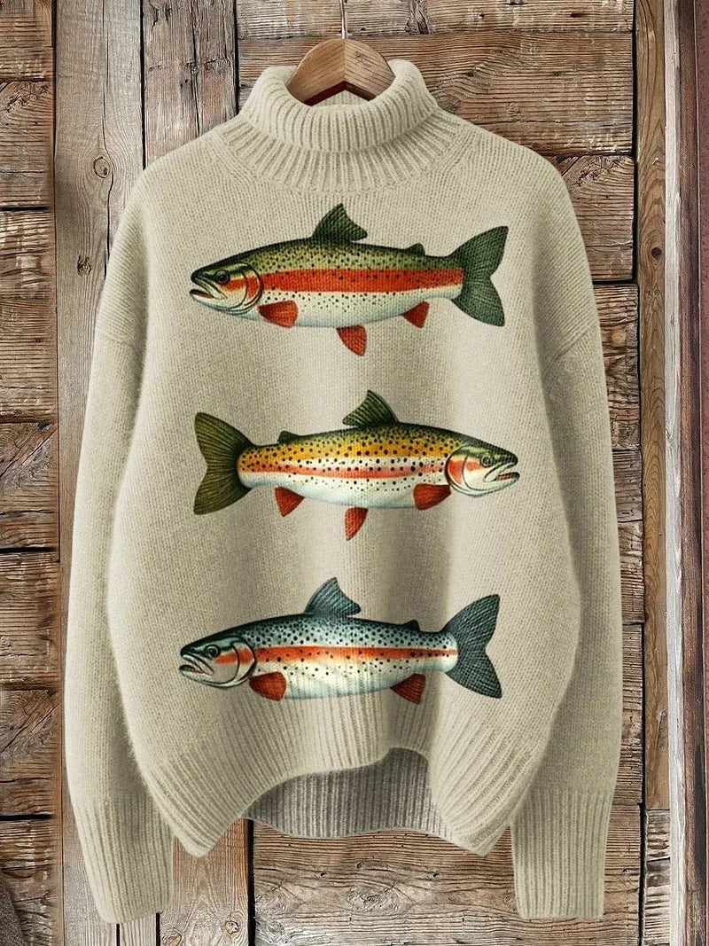 Women's loose-fit Christmas printed turtleneck sweater in polyester with turtleneck collar and long sleeves