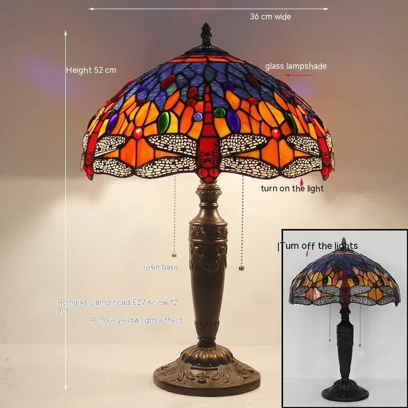 Stone table lamp with Tiffany-style dragonfly decoration in European design