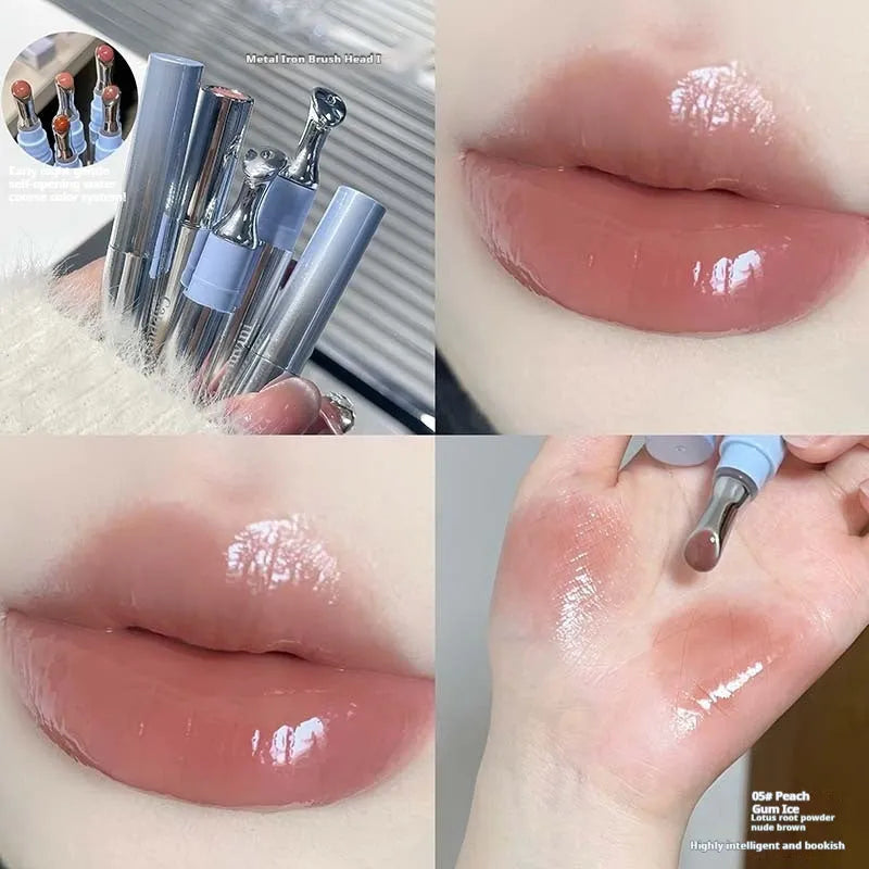 Mirror water light lip gloss lipstick showing six translucent shades in compact case.