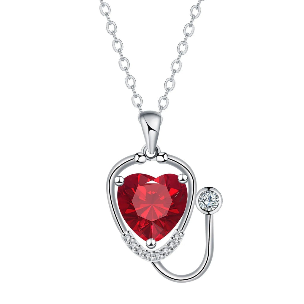 Women's stethoscope necklace with red diamond electroplated finish on copper chain