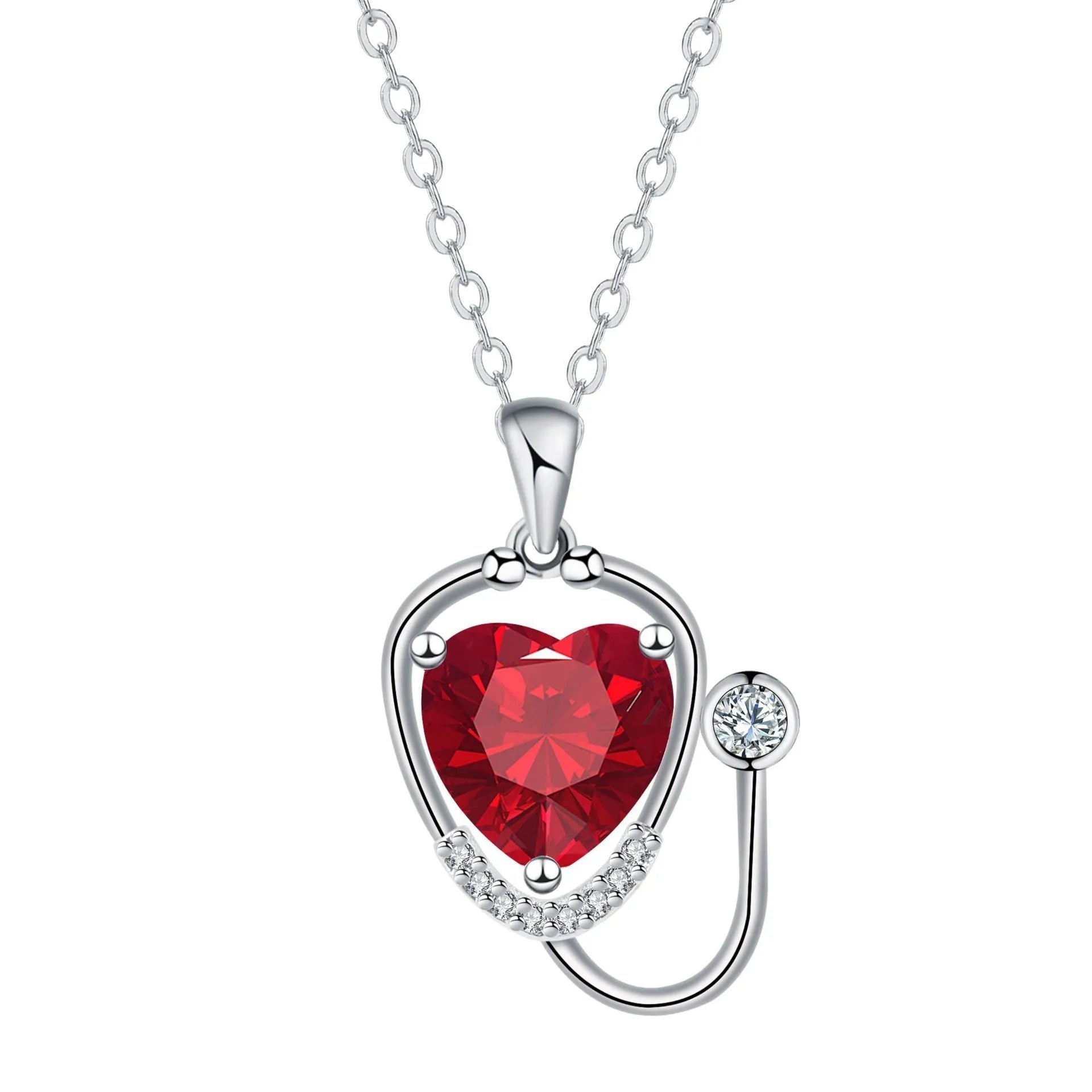 Women's stethoscope necklace with red diamond electroplated finish on copper chain