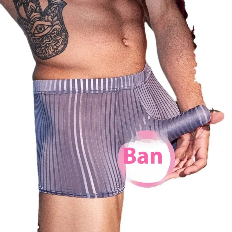 Men's black striped nylon boxer briefs shown flat, highlighting vertical pattern and elastic waistband.
