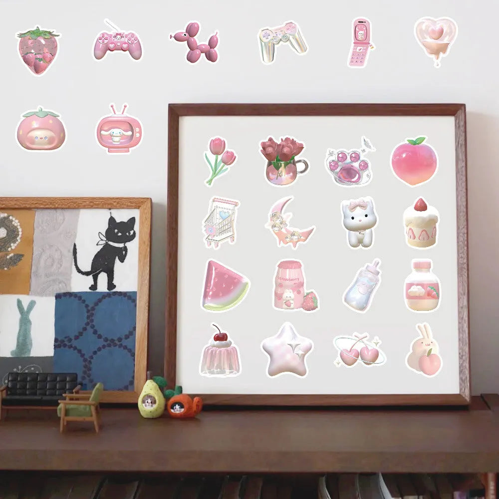 Pack of 63 pink heart-shaped 3D decorative stickers for crafts and laptop decoration.