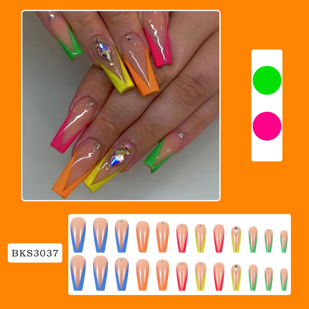 Diamond colour press-on nail tips with cartoon, love, and cross heart designs for a French manicure look.
