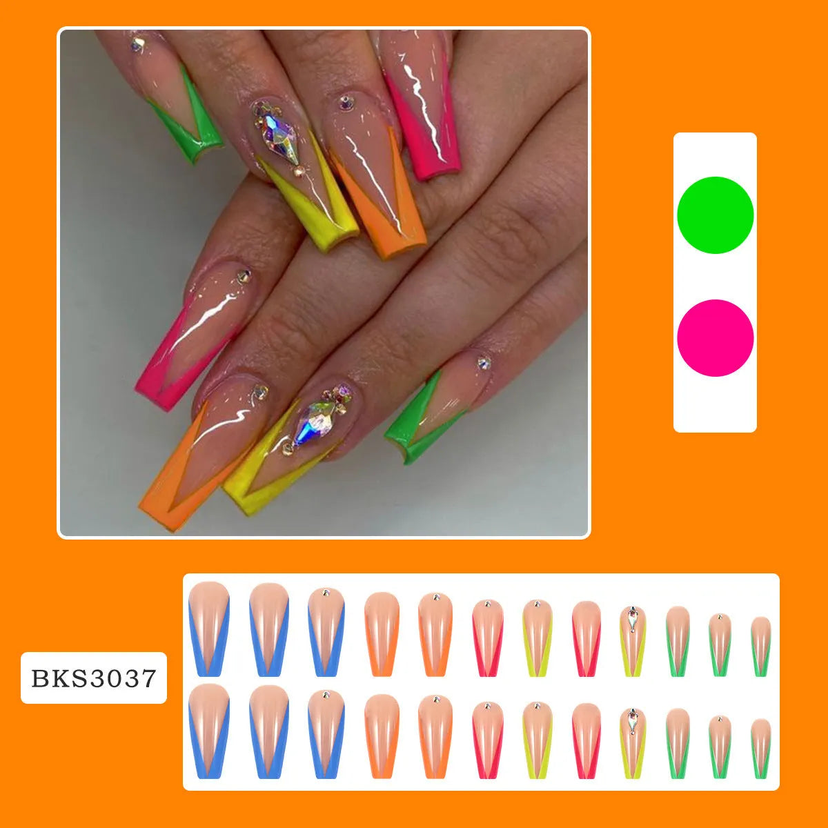 Diamond colour press-on nail tips with cartoon, love, and cross heart designs for a French manicure look.