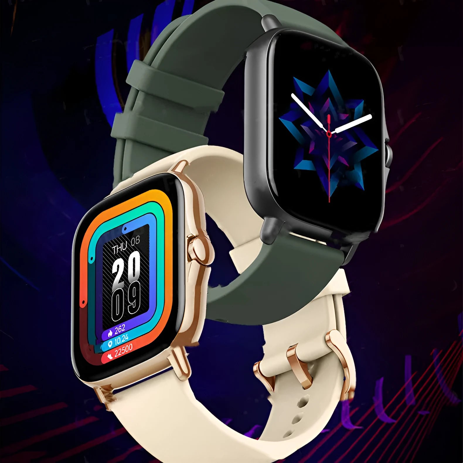 GT20 smart watch with alloy case and black silicone strap showing heart rate monitoring on screen
