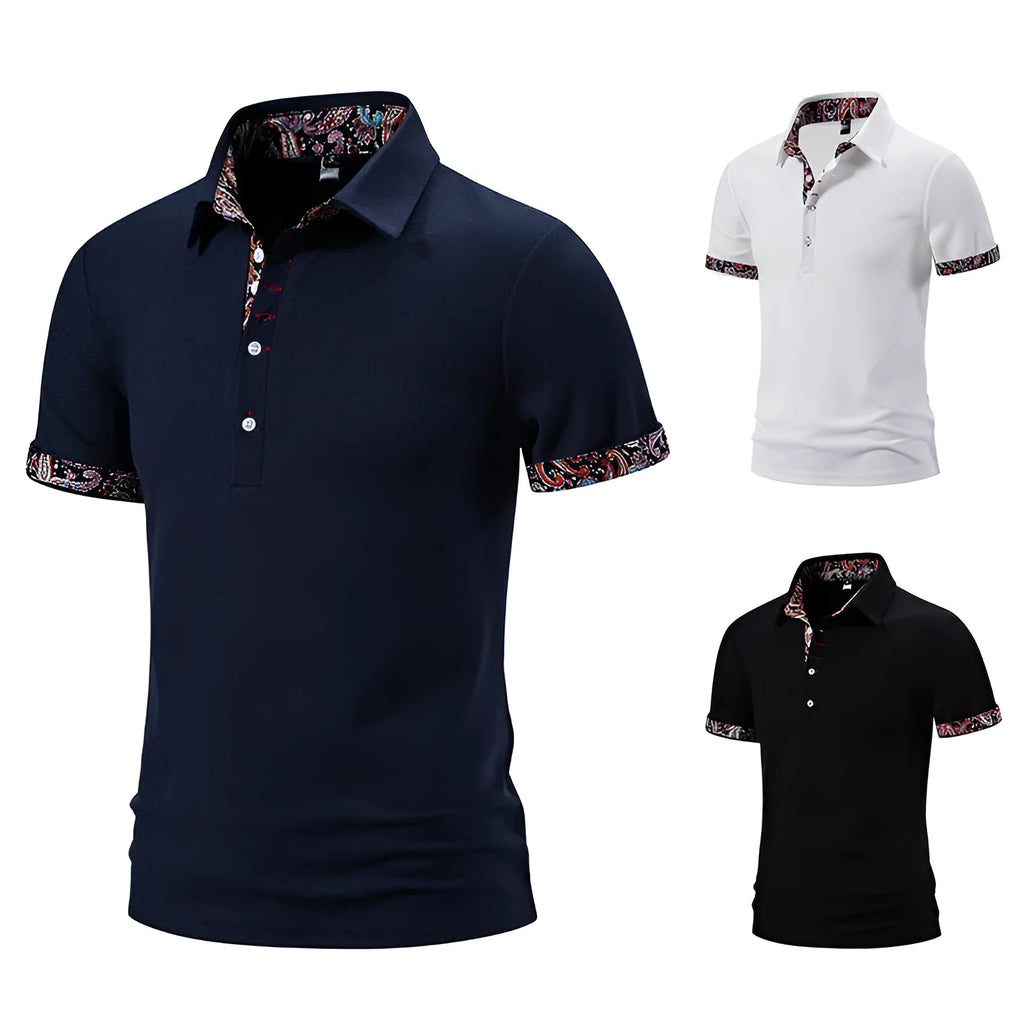 Men's cotton blend polo shirt with turnover collar, short sleeves, and colour stitching in navy blue.