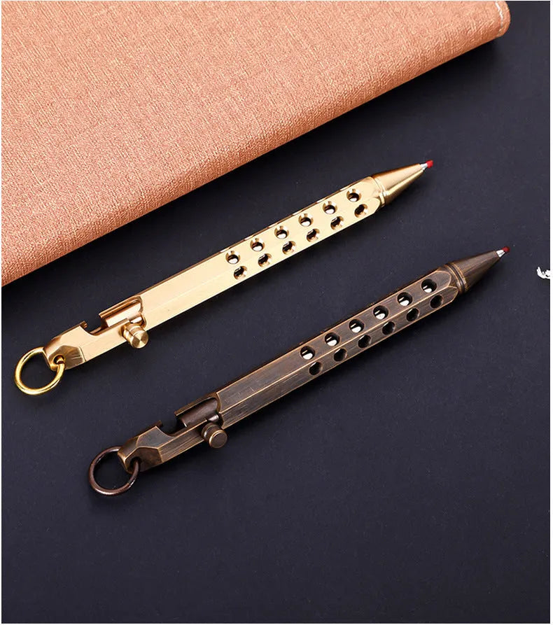 Brass hexagonal roller pen with 0.5mm tip showing six flat sides and retro design