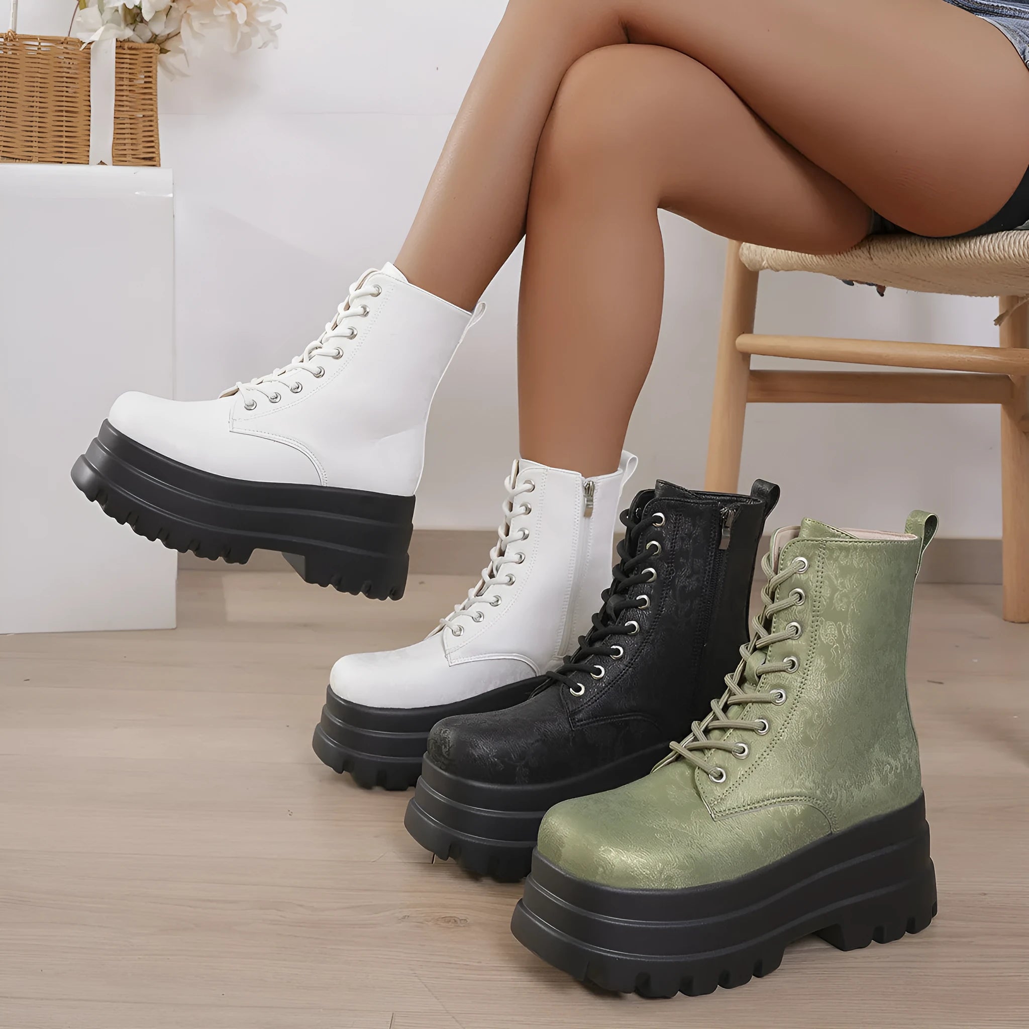 Women's retro platform boots with patchwork design, chunky mid heel, and side zipper in black, white, or green