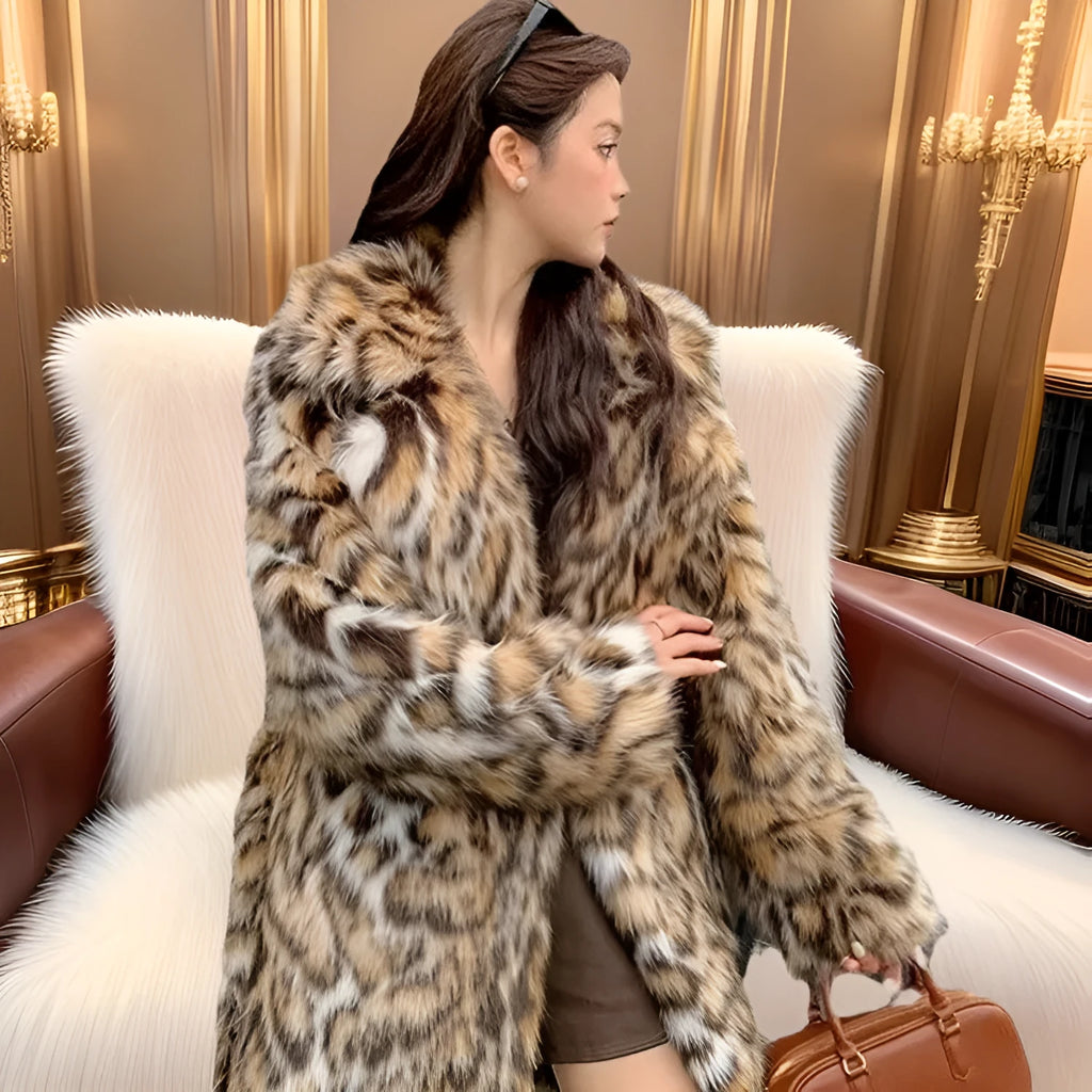 Women's faux fur coat with detachable fur collar in long and mid-length street fashion styles