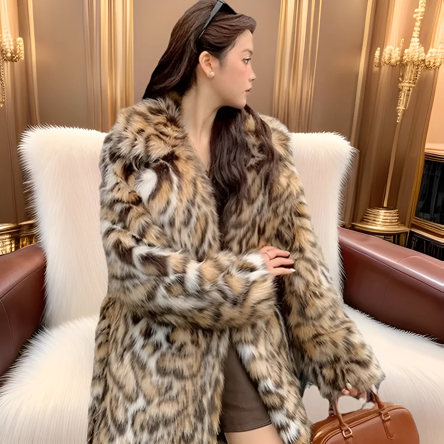 Women's faux fur coat with detachable fur collar in long and mid-length street fashion styles