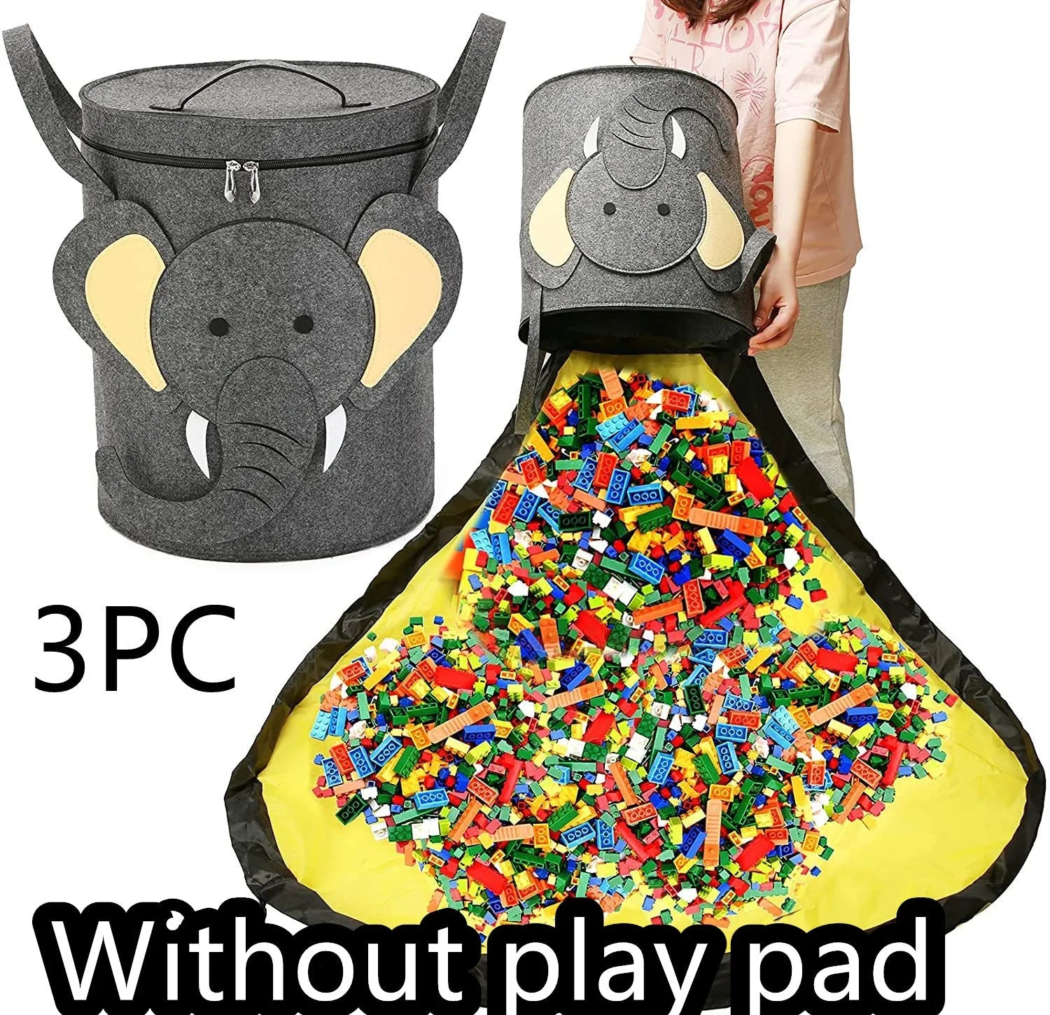 Green cube-shaped felt storage bag with pull rope lying flat as a play mat.