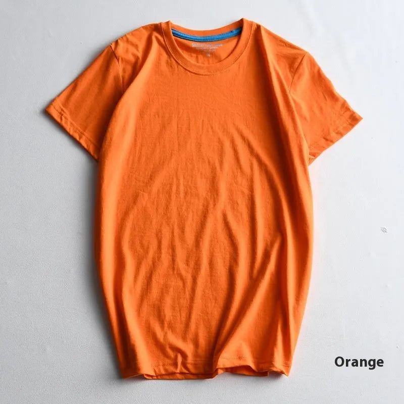 Men's solid colour cotton round neck t-shirt on hanger showing short sleeve design