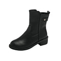 Black women's short ankle boots with a side zip, low heel, and round toe on a rubber sole.