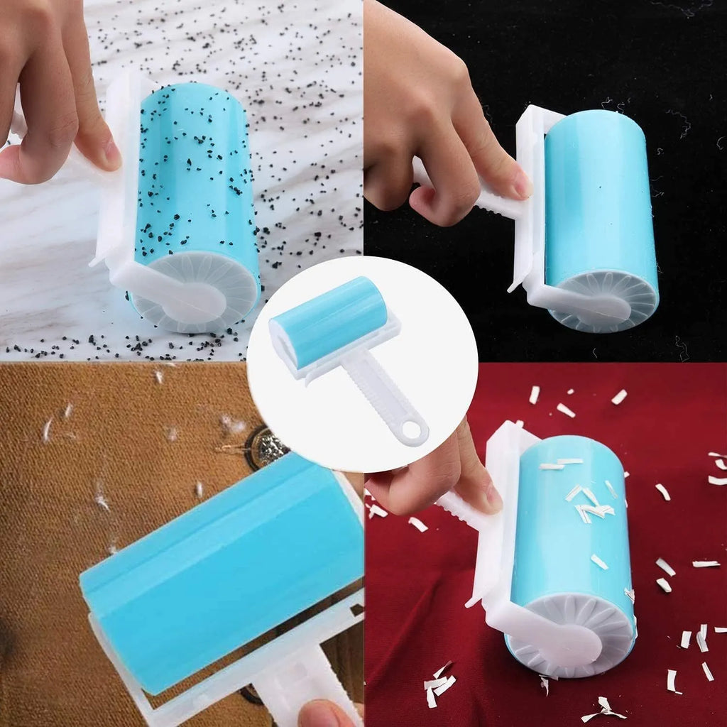 Blue washable reusable lint roller with cover for removing pet hair from clothes and furniture.