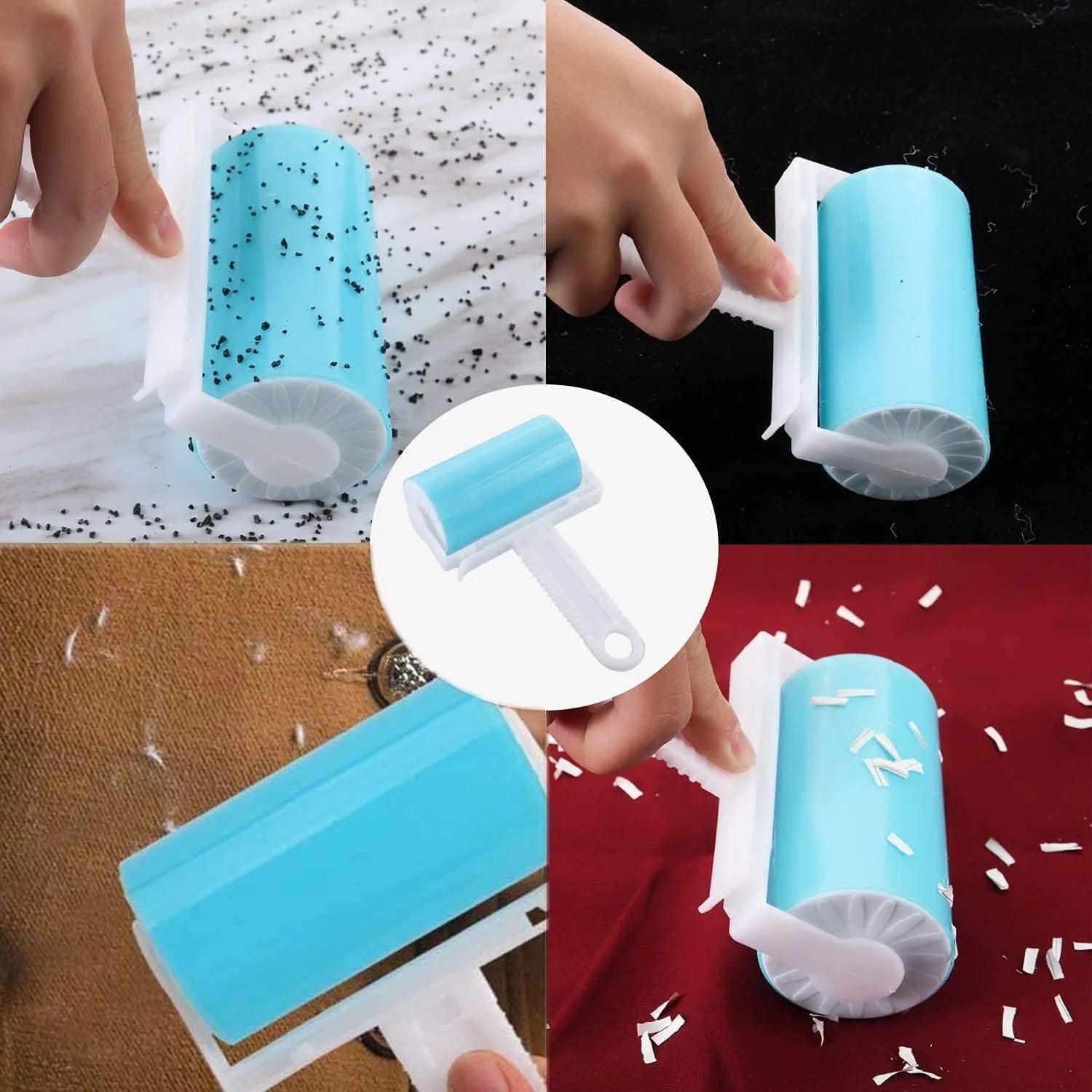 Blue washable reusable lint roller with cover for removing pet hair from clothes and furniture.