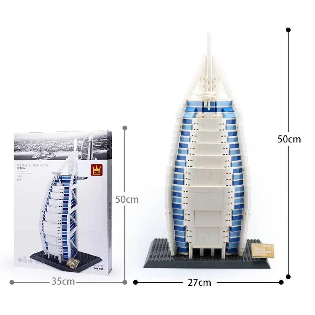 Wange building block set showing over 800 small ABS plastic pieces for constructing global landmark models.