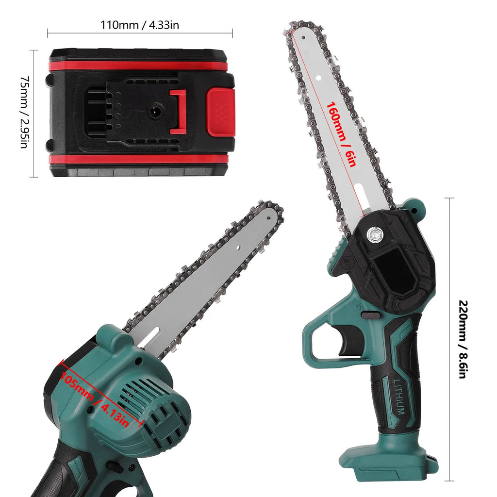 Black mini electric chainsaw with 4-inch guide bar showing compact one-hand design