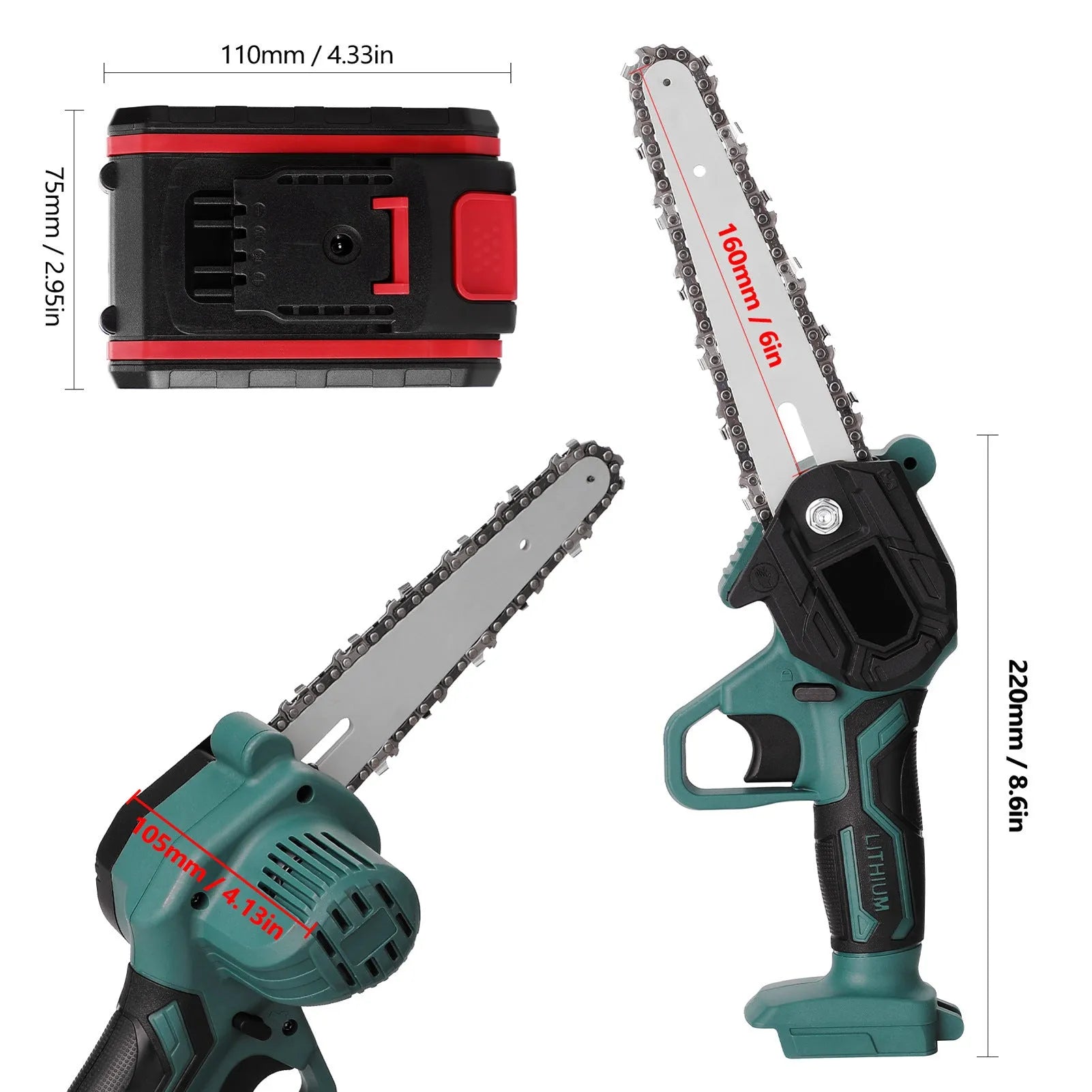 Black mini electric chainsaw with 4-inch guide bar showing compact one-hand design