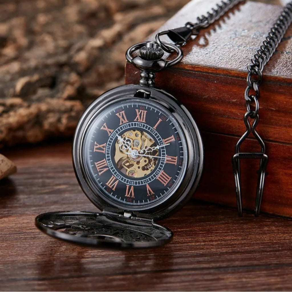 Retro floral print automatic mechanical pocket watch with transparent case back on alloy strap.